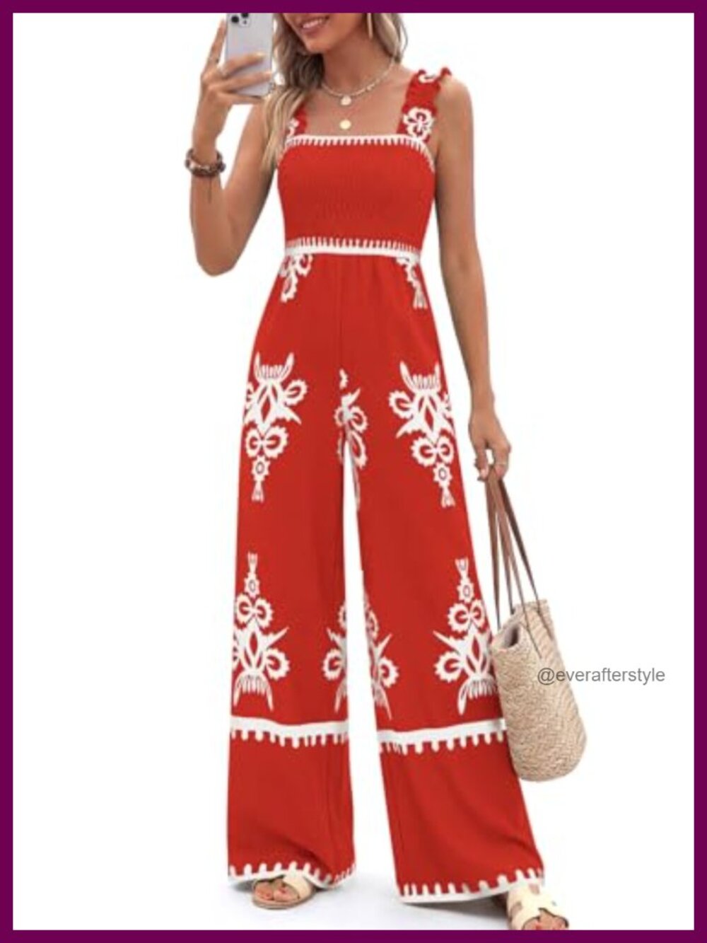 Women's Boho Wide Leg Jumpsuit Square Neck Sleeveless Smocked Summer One Piece